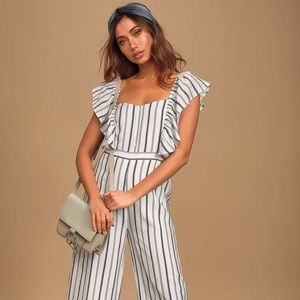 Lulu’s White Striped Ruffled Wide-Leg Jumpsuit NWT